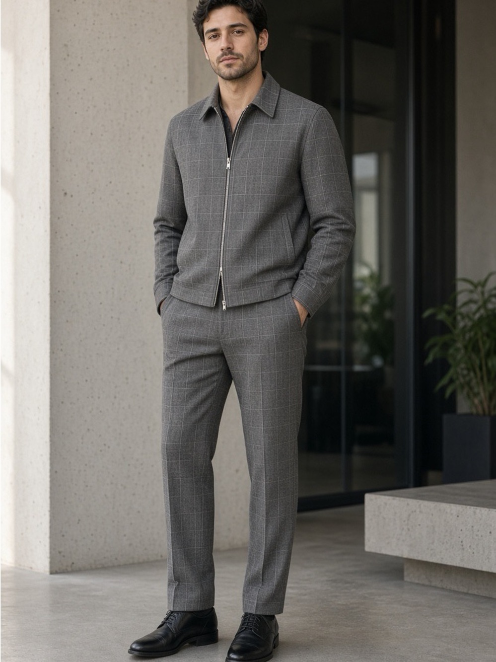 H&M Charcoal Gray Windowpane Zip Jacket & Matching Trousers jacket (L) pants 32